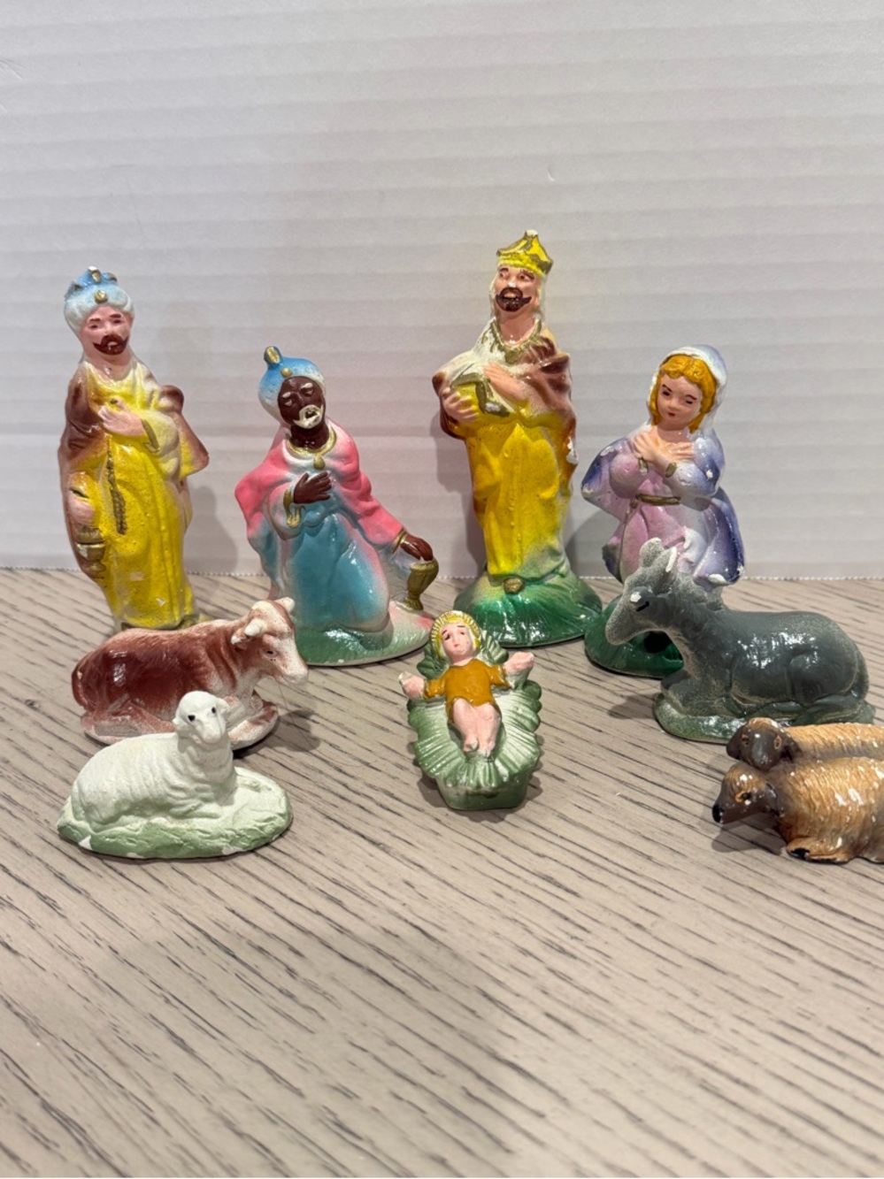 Vintage Christmas Chalk ware Nativity Figures 9 Pc Animal, Kings, Angel , Jesus
